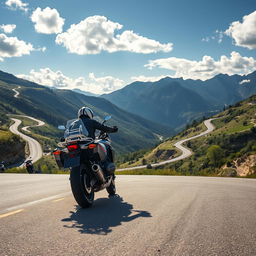 A captivating photo of a motorcyclist gracefully leaning into a sharp curve on a stunning mountain road