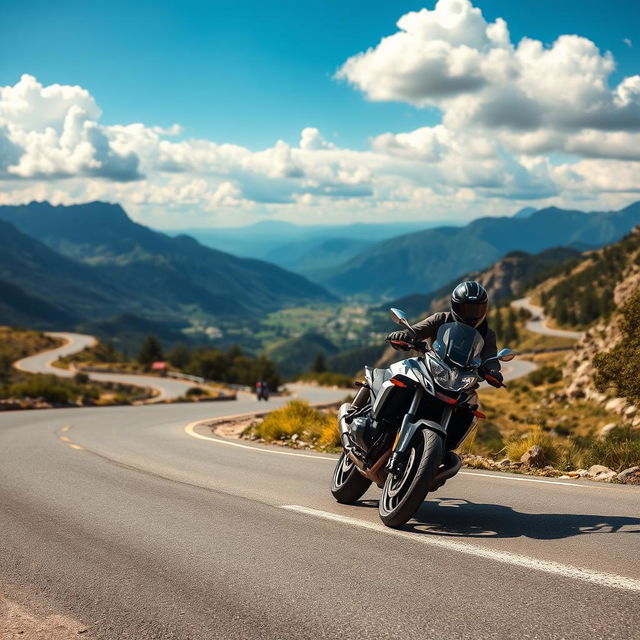 A captivating photo of a motorcyclist gracefully leaning into a sharp curve on a stunning mountain road