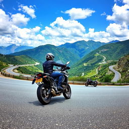 A captivating photo of a motorcyclist gracefully leaning into a sharp curve on a stunning mountain road