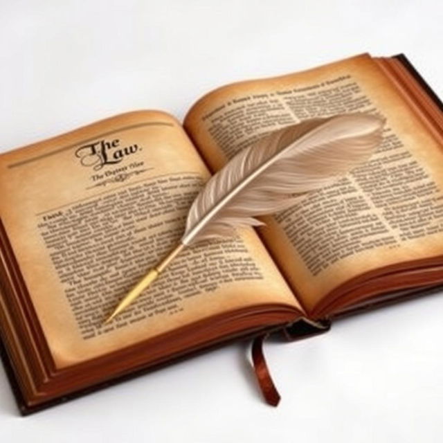 A vintage law book, opened wide, displaying its pages with a quill pen elegantly lying diagonally across the visible text