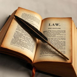 A vintage law book, opened wide, displaying its pages with a quill pen elegantly lying diagonally across the visible text