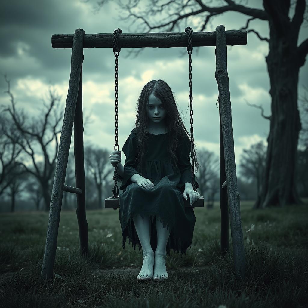 A hyper-realistic horror-themed image of a young girl sitting on a swing in a desolate park