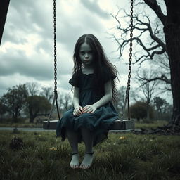 A hyper-realistic horror-themed image of a young girl sitting on a swing in a desolate park