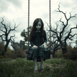 A hyper-realistic horror-themed image of a young girl sitting on a swing in a desolate park