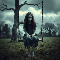 A hyper-realistic horror-themed image of a young girl sitting on a swing in a desolate park