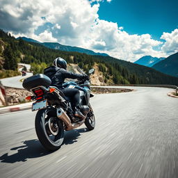 An exhilarating photo capturing a motorcyclist leaning aggressively into a sharp curve on a scenic mountain road, driving at high speed