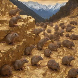 Picture a throng of rats ensconced amidst mountains of gleaming gold, creating a peculiar but visually interesting scene.