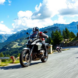 An exhilarating photo capturing a motorcyclist leaning aggressively into a sharp curve on a scenic mountain road, driving at high speed