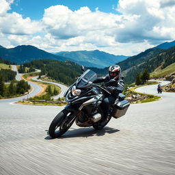 An exhilarating photo capturing a motorcyclist leaning aggressively into a sharp curve on a scenic mountain road, driving at high speed