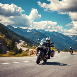 An exhilarating photo capturing a motorcyclist leaning aggressively into a sharp curve on a scenic mountain road, driving at high speed