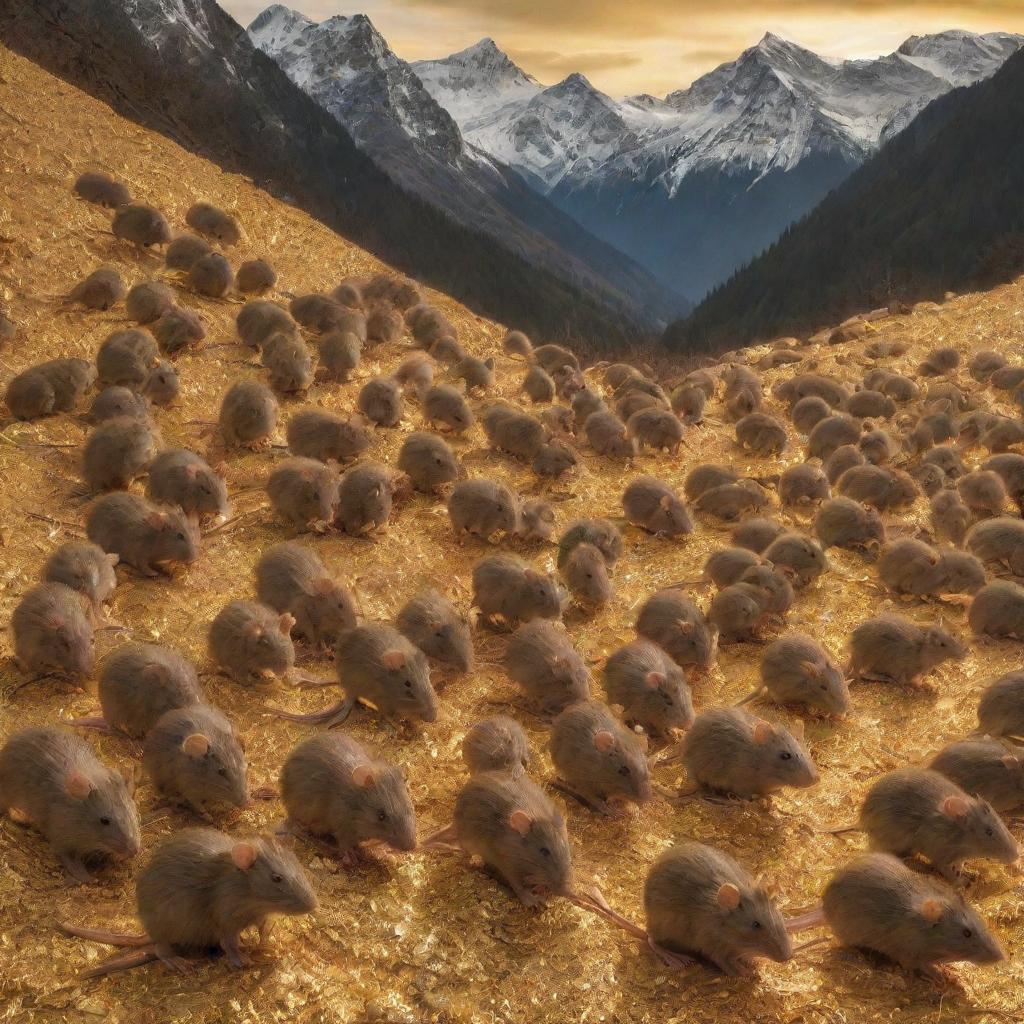 Picture a throng of rats ensconced amidst mountains of gleaming gold, creating a peculiar but visually interesting scene.