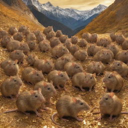 Picture a throng of rats ensconced amidst mountains of gleaming gold, creating a peculiar but visually interesting scene.