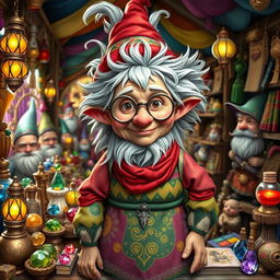 A 147-year-old female gnome merchant standing proudly in her colorful market stall filled with enchanting trinkets and magical potions