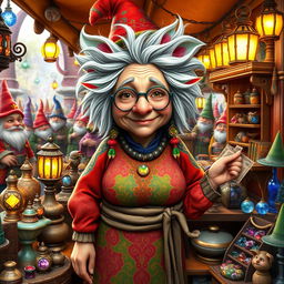 A 147-year-old female gnome merchant standing proudly in her colorful market stall filled with enchanting trinkets and magical potions