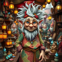 A 147-year-old female gnome merchant standing proudly in her colorful market stall filled with enchanting trinkets and magical potions