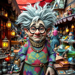 A 147-year-old female gnome merchant standing proudly in her colorful market stall filled with enchanting trinkets and magical potions