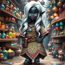 A 147-year-old female gnome merchant standing proudly at 92cm (3′ 0″) tall with a delightful, plump build