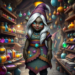 A 147-year-old female gnome merchant standing proudly at 92cm (3′ 0″) tall with a delightful, plump build