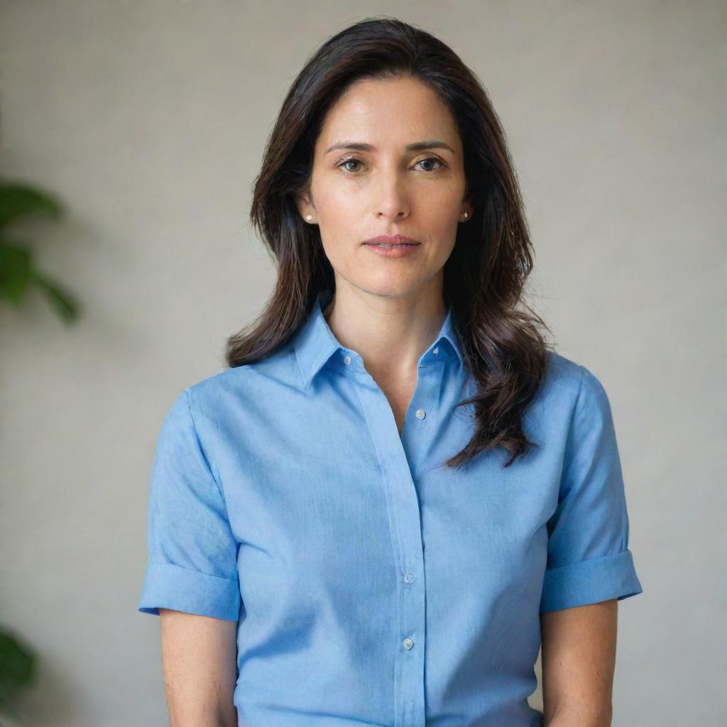 A serene woman in a blue shirt speaking in a room with a calm and composed manner