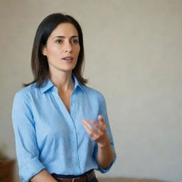 A serene woman in a blue shirt speaking in a room with a calm and composed manner