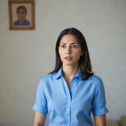 A serene woman in a blue shirt speaking in a room with a calm and composed manner