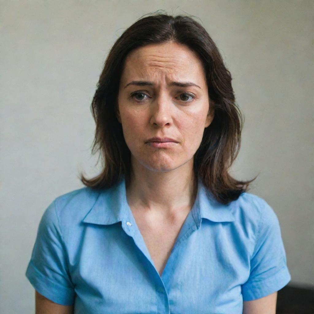 A woman appearing sad, yet maintaining composure and speaking calmly in a room while wearing a blue shirt