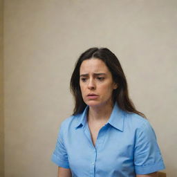 A woman appearing sad, yet maintaining composure and speaking calmly in a room while wearing a blue shirt