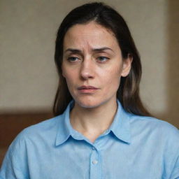 A woman appearing sad, yet maintaining composure and speaking calmly in a room while wearing a blue shirt