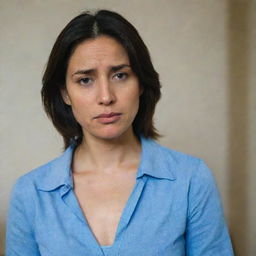 A woman appearing sad, yet maintaining composure and speaking calmly in a room while wearing a blue shirt