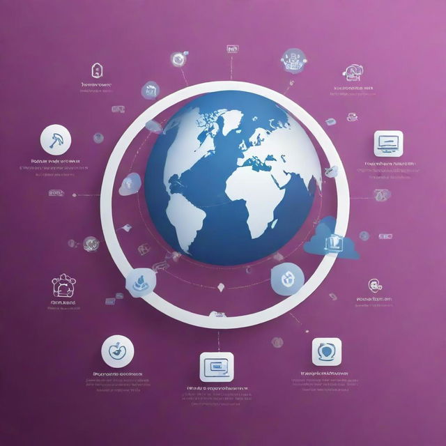 An innovative and sleek presentation background showcasing various symbols related to BPO (Business Process Outsourcing). Incorporate elements like global connectivity, customer support, digital transformation, cost-saving, and efficiency.