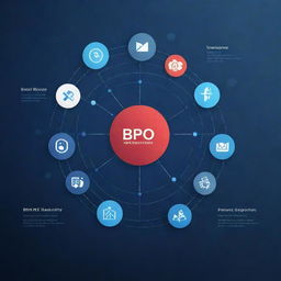 An innovative and sleek presentation background showcasing various symbols related to BPO (Business Process Outsourcing). Incorporate elements like global connectivity, customer support, digital transformation, cost-saving, and efficiency.