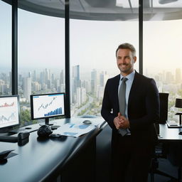 A successful businessman in a sleek, modern office, confident and happy, surrounded by state-of-the-art technology and city views.