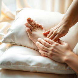 A close-up scene featuring elegantly manicured feet resting on a luxurious pillow, with a hand gently caressing one of the feet, emphasizing the softness and beauty of the skin