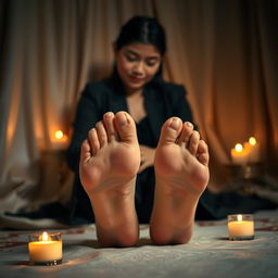 An intimate scene of Asian foot worship, showcasing a serene and respectful atmosphere