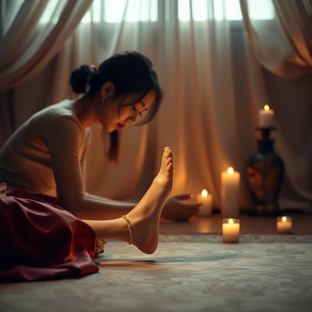 An intimate scene of Asian foot worship, showcasing a serene and respectful atmosphere