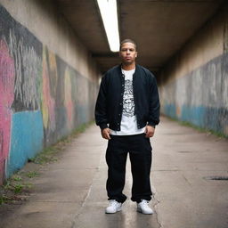 A graphic depiction of a charismatic gang member, outfitted in a stylish, urban attire, standing confidently beneath a graffiti-marked underpass. Note: maintain ambiguity to not glorify any specific gang culture