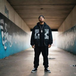 A graphic depiction of a charismatic gang member, outfitted in a stylish, urban attire, standing confidently beneath a graffiti-marked underpass. Note: maintain ambiguity to not glorify any specific gang culture