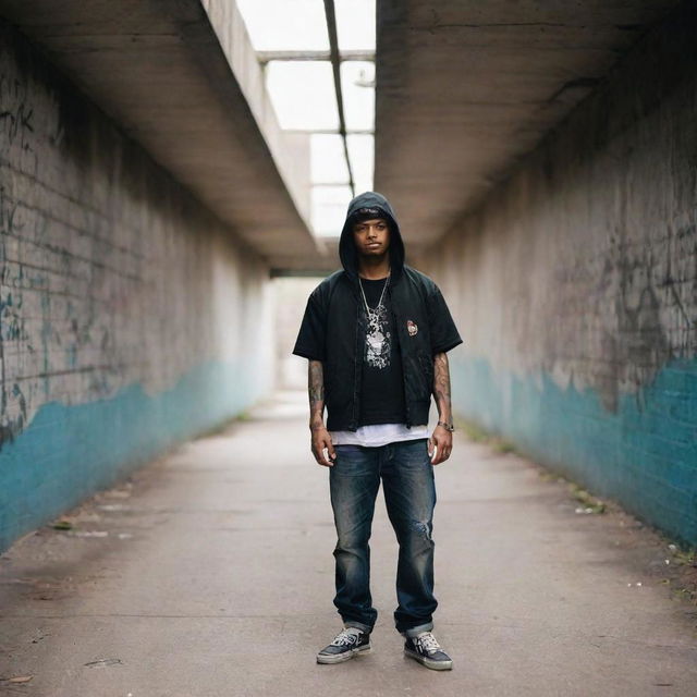 A graphic depiction of a charismatic gang member, outfitted in a stylish, urban attire, standing confidently beneath a graffiti-marked underpass. Note: maintain ambiguity to not glorify any specific gang culture