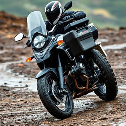 An engaging photograph of a motorcyclist riding a large dual-purpose motorcycle, reminiscent of the BMW GS1200