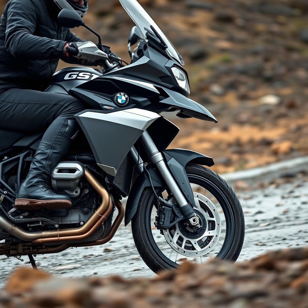 An engaging photograph of a motorcyclist riding a large dual-purpose motorcycle, reminiscent of the BMW GS1200