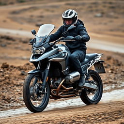 An engaging photograph of a motorcyclist riding a large dual-purpose motorcycle, reminiscent of the BMW GS1200