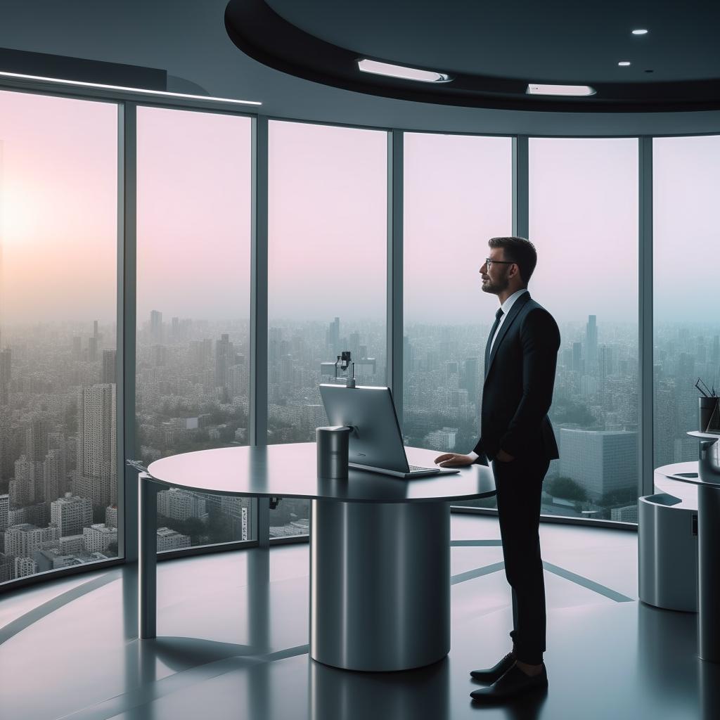 A successful businessman in a sleek, modern office, confident and happy, surrounded by state-of-the-art technology and city views.