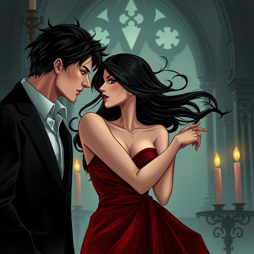 A dark romance illustration capturing an intense and passionate moment between two lovers in a dimly lit, gothic setting