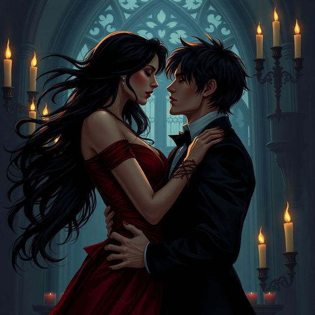 A dark romance illustration capturing an intense and passionate moment between two lovers in a dimly lit, gothic setting