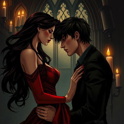 A dark romance illustration capturing an intense and passionate moment between two lovers in a dimly lit, gothic setting