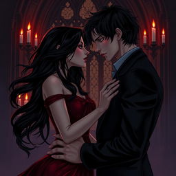 A dark romance illustration capturing an intense and passionate moment between two lovers in a dimly lit, gothic setting