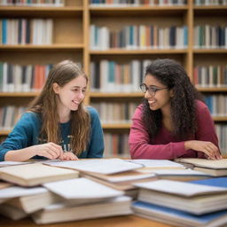 Two youthful students engaged in a lively discussion, surrounded by books and papers, in a vibrant university setting.