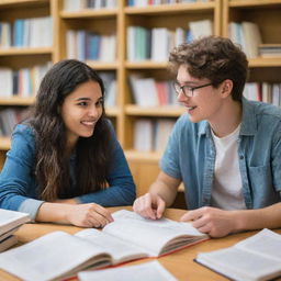 Two youthful students engaged in a lively discussion, surrounded by books and papers, in a vibrant university setting.