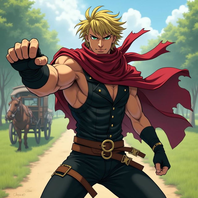 An anime art style inspired by JoJo's Bizarre Adventure, featuring a fantasy muscular man with caramel brown skin, striking green eyes, and tousled medium blond hair