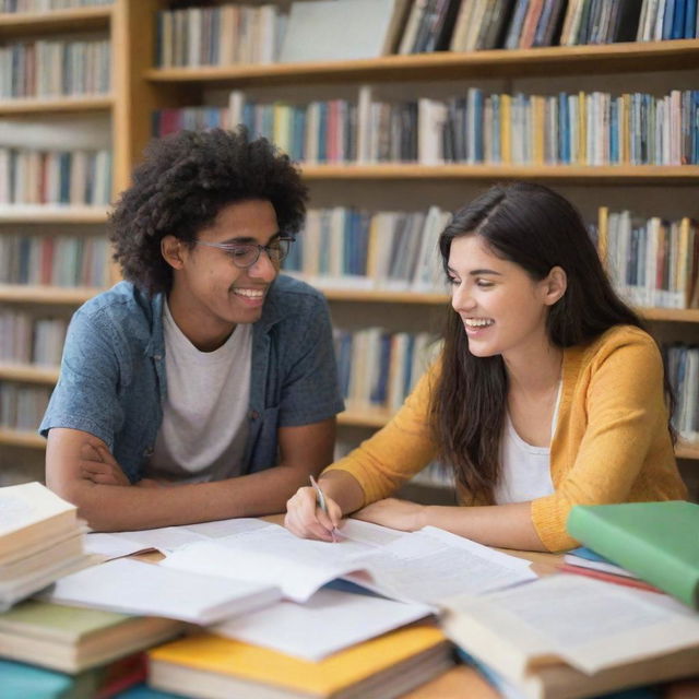 Two youthful students engaged in a lively discussion, surrounded by books and papers, in a vibrant university setting.